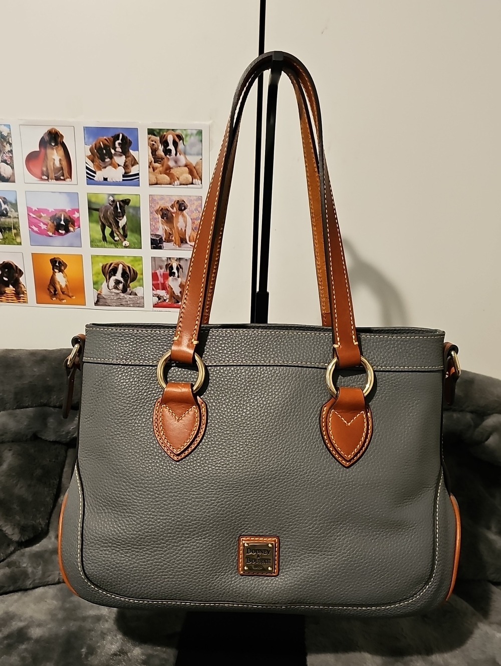 Dooney & Bourke Gray Leather Shoulder Bag with Tan Trim